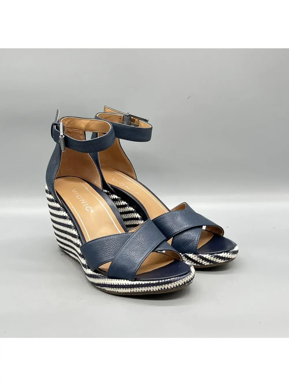 Vionic Sandals Womens 7 Blue Leather Marina Espadrille Ankle Strap Wedge Shoes